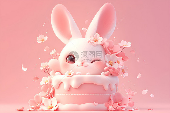 粉色蛋糕中的白兔图片