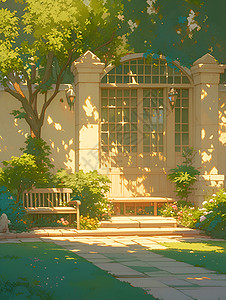 宁静花园栅栏小屋与石制长凳背景图片
