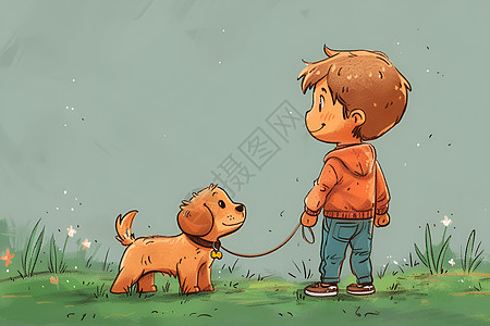 小男孩牵着狗在草地上嬉戏图片