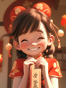 快乐的中国女孩拥抱红包图片