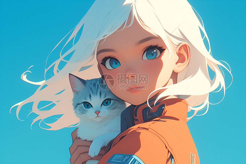 蓝天下的女孩抱着猫咪图片