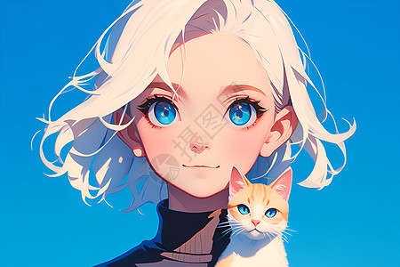 白发少女拥抱着猫咪图片
