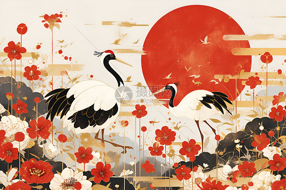 红冠鹤在花海中起舞图片