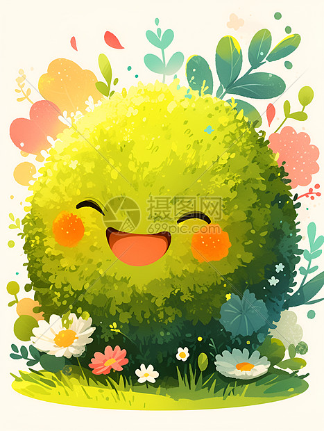 花草围绕绿色笑脸球图片