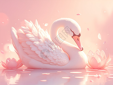 白天鹅与粉色花朵相伴图片