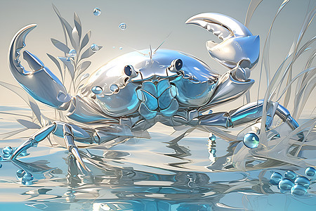 银色镜面螃蟹在水中图片