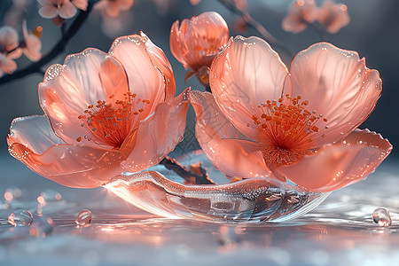 水珠点缀下的玻璃花朵高清图片