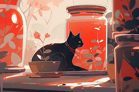 黑猫与红罐插画图片