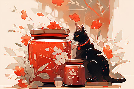 黑猫与红瓶图片