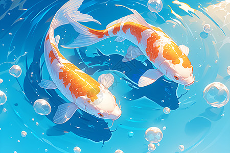 九州池蓝色池水里的锦鲤插画