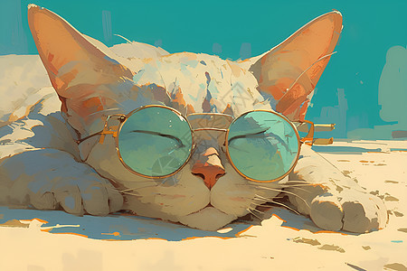 墨镜猫咪躺在沙滩上图片