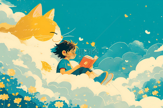 云彩中的可爱男孩和猫咪图片