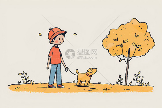 卡通男孩在草地上遛狗图片