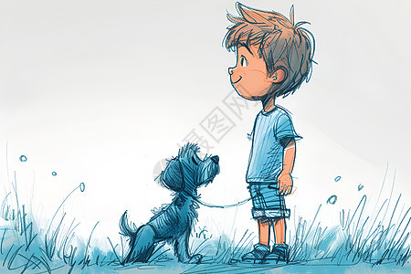 快乐男孩与小狗漫步图片