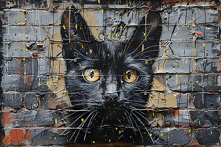 满墙涂鸦的黑猫背景图片