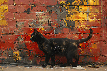 红色砖墙上的黑猫涂鸦图片
