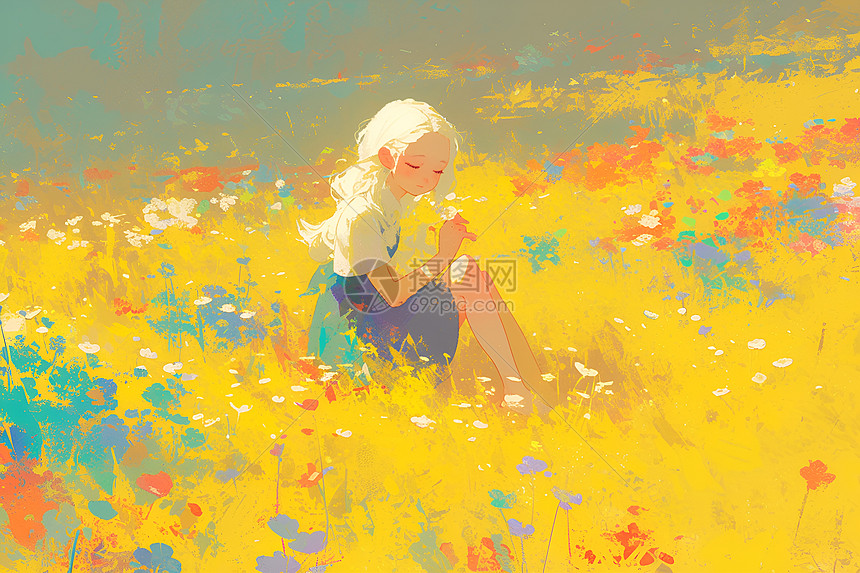 少女坐在花海中图片