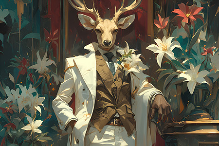 花草环绕的鹿首绅士高清图片