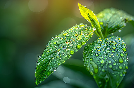 清新绿叶上的水珠背景图片