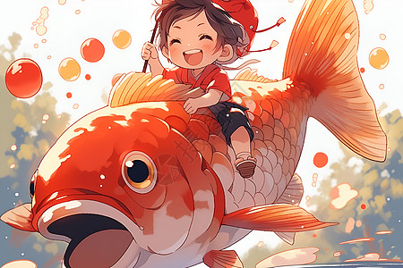 卡通男孩骑着红色鲤鱼背景图片