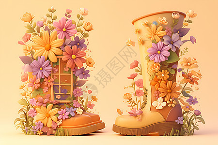 花卉装点的泥靴图片