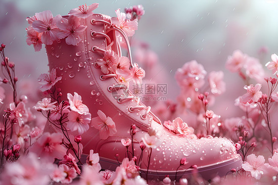 粉色花海中的靴子图片