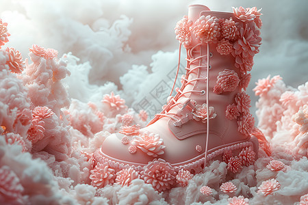 粉红色花朵皮靴图片