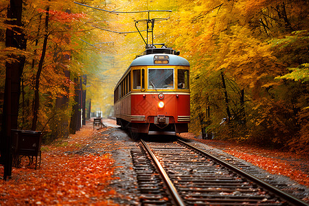 秋天森林中的轻轨列车图片