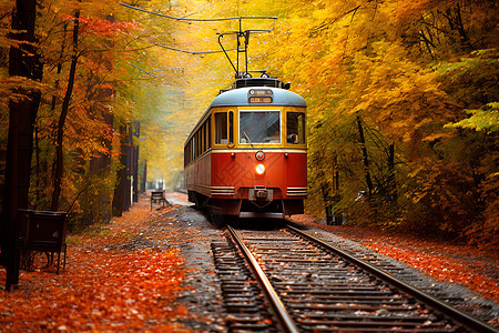 秋天森林中的轻轨列车背景图片