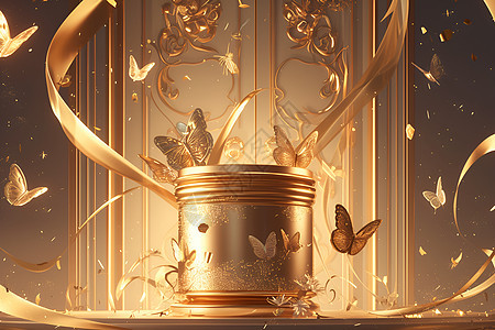 金色花瓶上的蝴蝶图片
