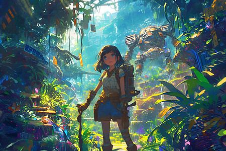 丛林中探险的女孩图片