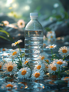 一瓶水与洋甘菊图片