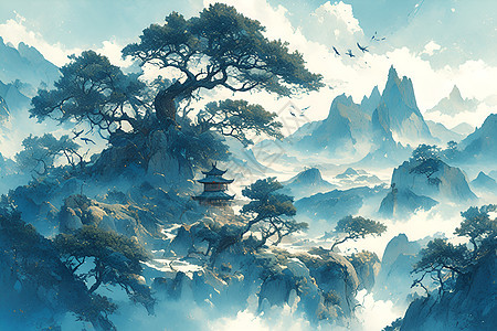 云山叠翠的山水画背景图片