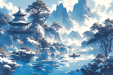 云雾深山深山古寺碧水流淌插画