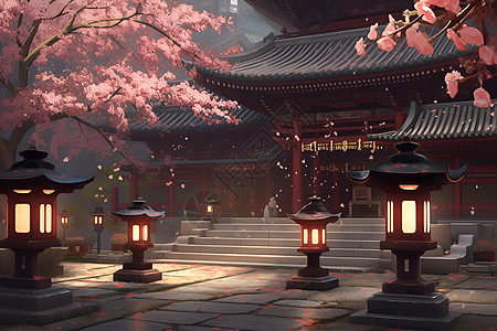 樱花下的寺庙图片