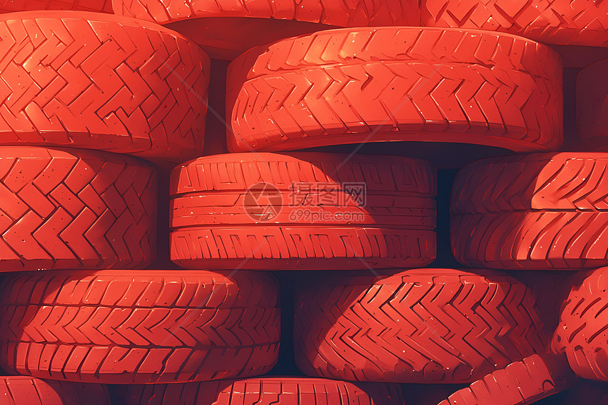 堆叠如山的红色轮胎图片