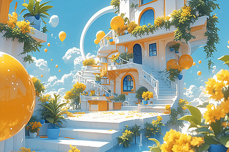 梦幻的房子和气球背景图片