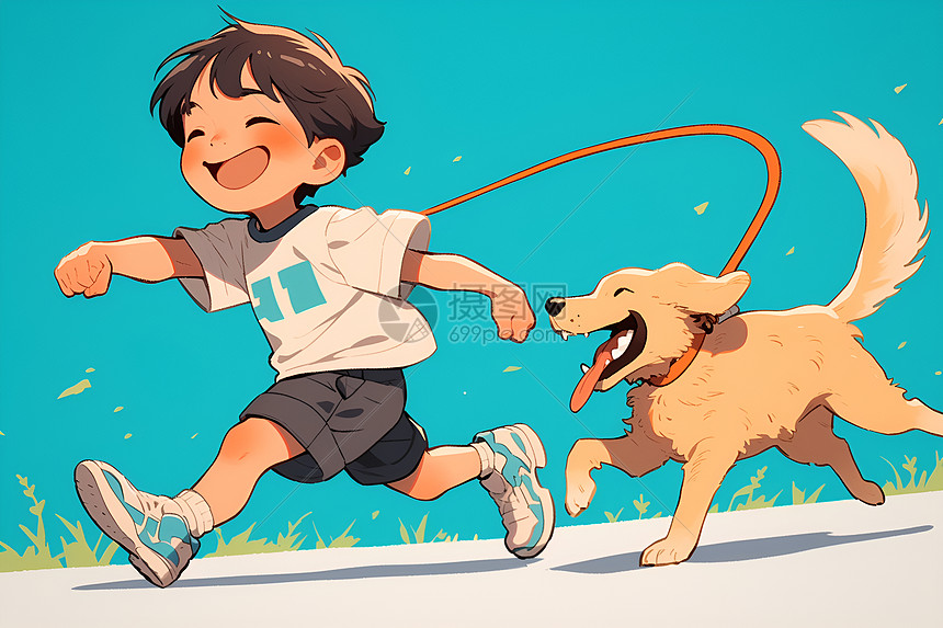 快乐奔跑的男孩和小狗图片