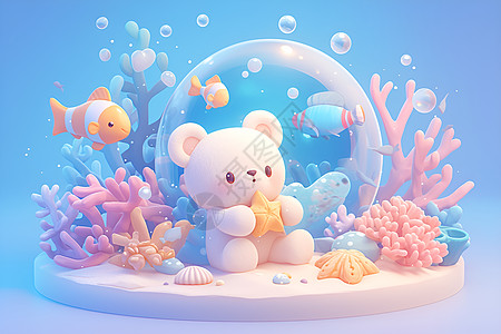 卡通珊瑚水下仙境熊宝宝插画