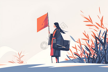 古装女人拿着旗帜背景图片