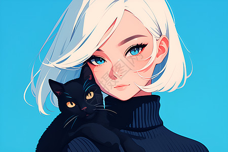 白发少女抱着黑猫图片
