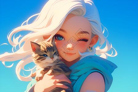 抱着小猫的少女背景图片