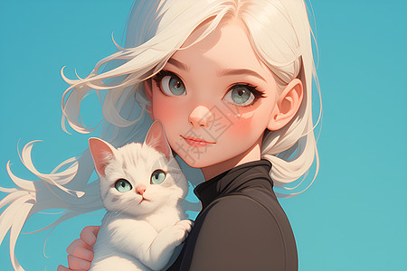 拥抱小猫的可爱少女背景图片