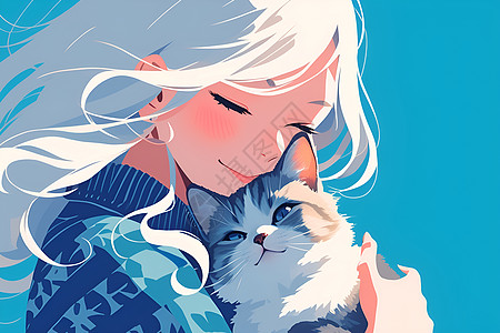 拥抱白猫的少女背景图片