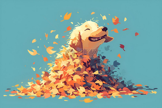 欢快的小狗在秋叶堆中图片
