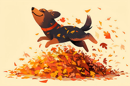秋叶堆中蹦跳的可爱小狗图片
