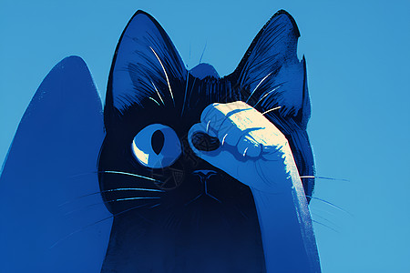 蓝色背景上的黑猫图片