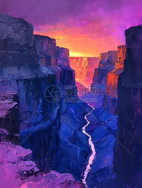 夕阳下的峡谷河流图片