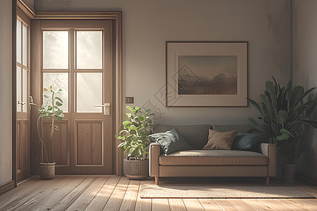 客厅里的木质布艺沙发图片
