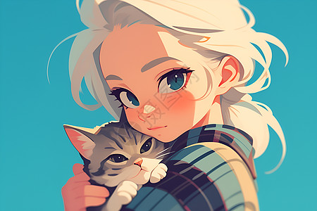 白发少女和灰猫背景图片